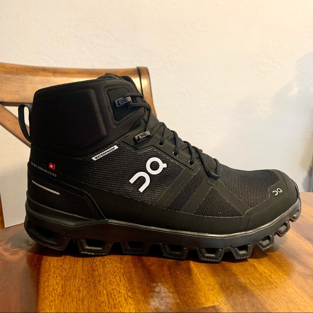 On Cloudrock waterproof black hiking boots